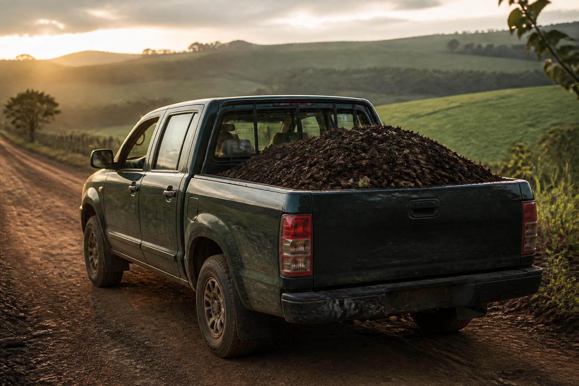 Camionete carregada com biomassa orgânica selecionada em estrada rural ao amanhecer